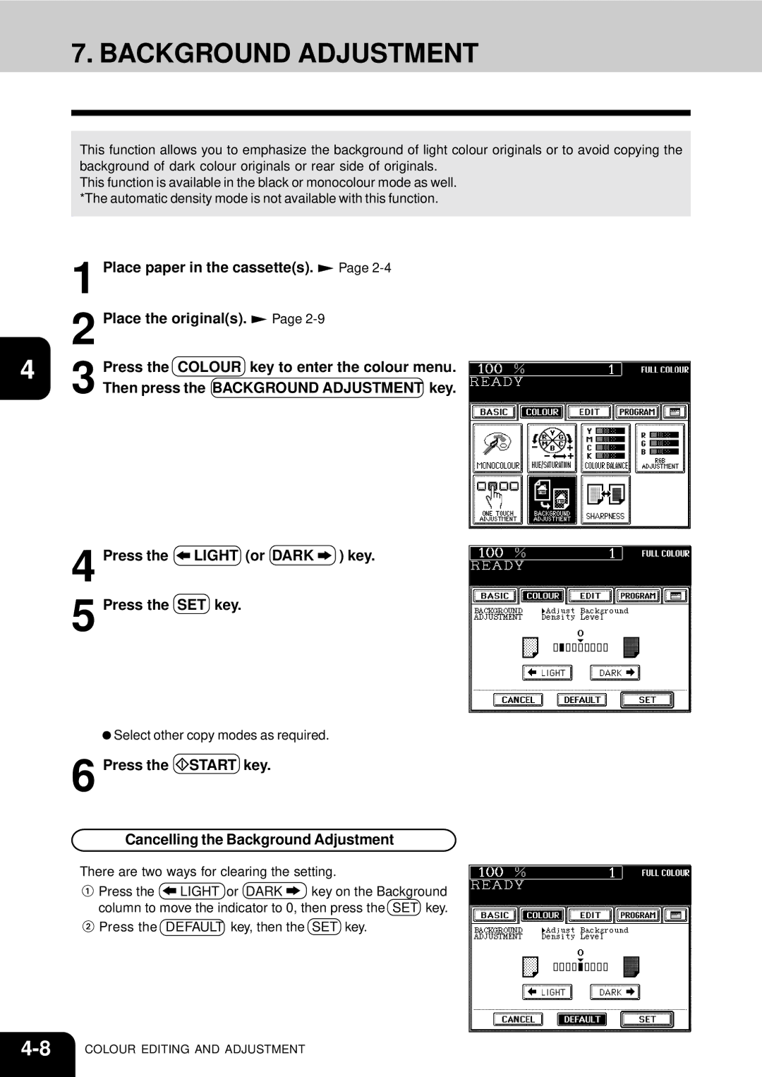 Toshiba 210C manual Press the Start key Cancelling the Background Adjustment 