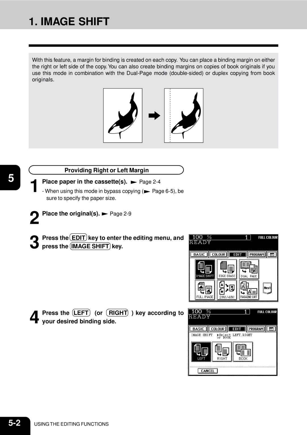 Toshiba 210C manual Image Shift, Providing Right or Left Margin 