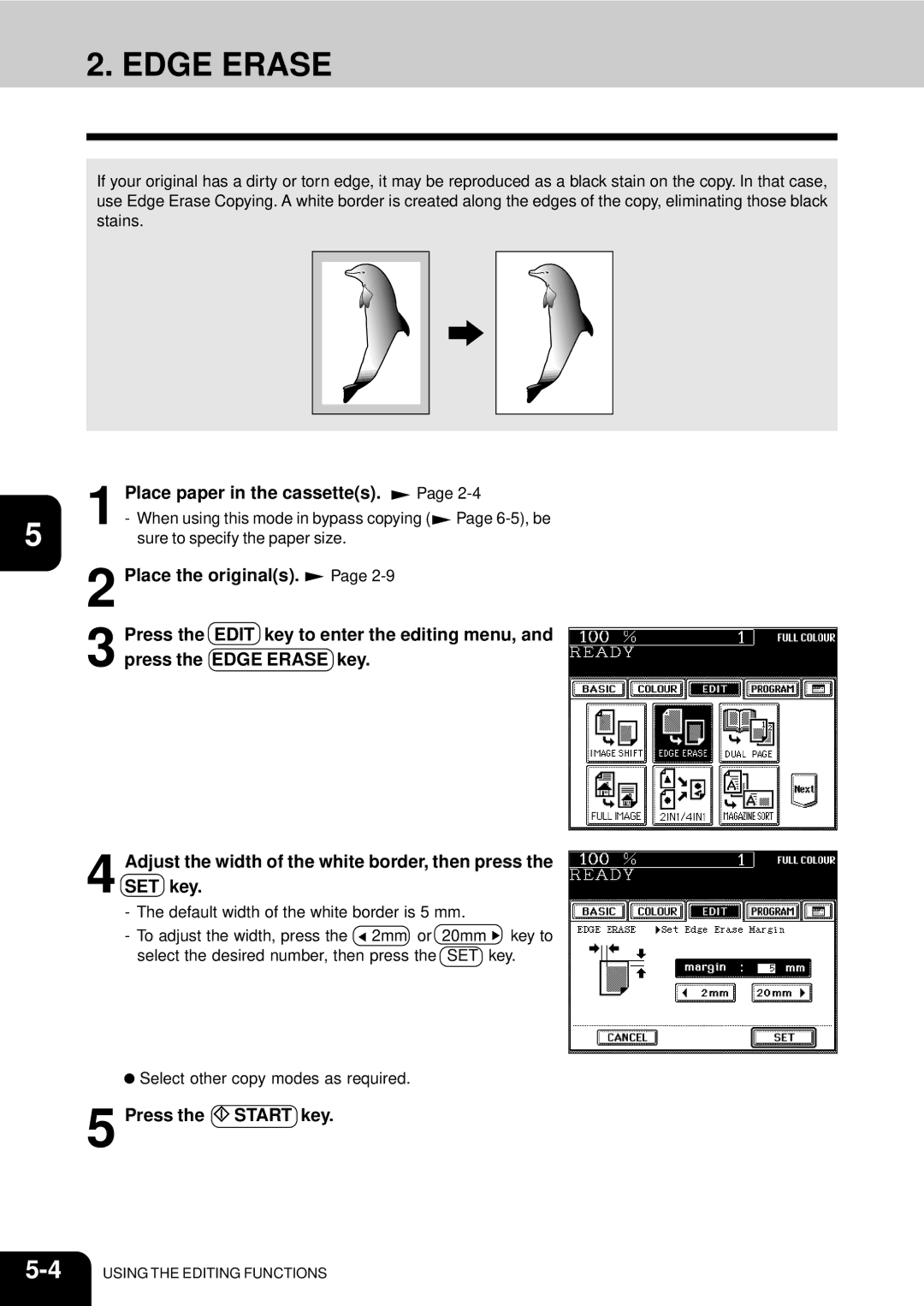 Toshiba 210C manual Edge Erase, Press the Start key 