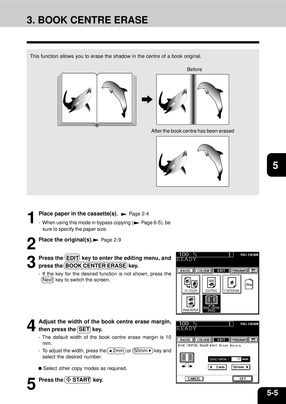 Toshiba 210C manual Book Centre Erase, Place paper in the cassettes 