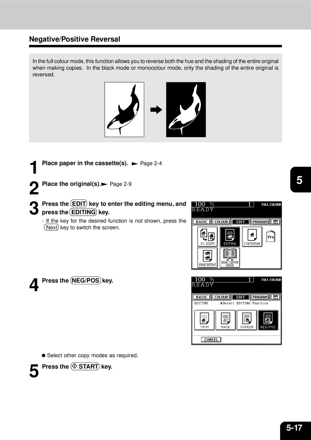 Toshiba 210C manual Negative/Positive Reversal, Press the NEG/POS key 