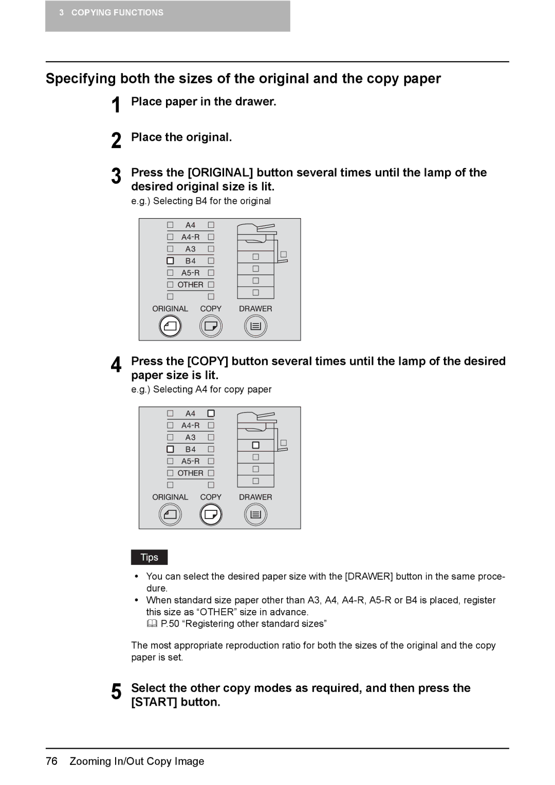 Toshiba 225, e-STUDIO195, 245 manual Specifying both the sizes of the original and the copy paper 