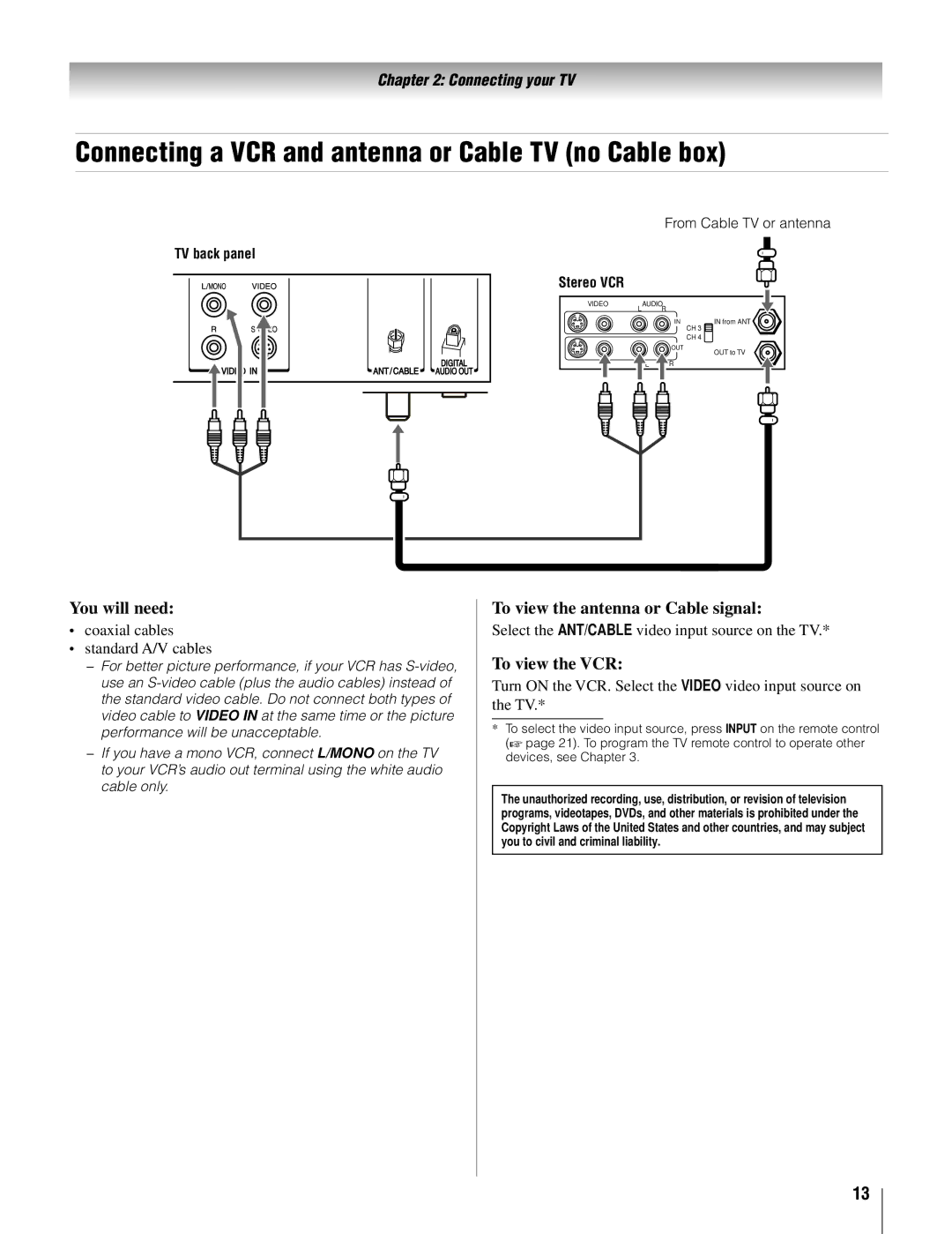 Toshiba 22AV500U Connecting a VCR and antenna or Cable TV no Cable box, You will need, To view the antenna or Cable signal 