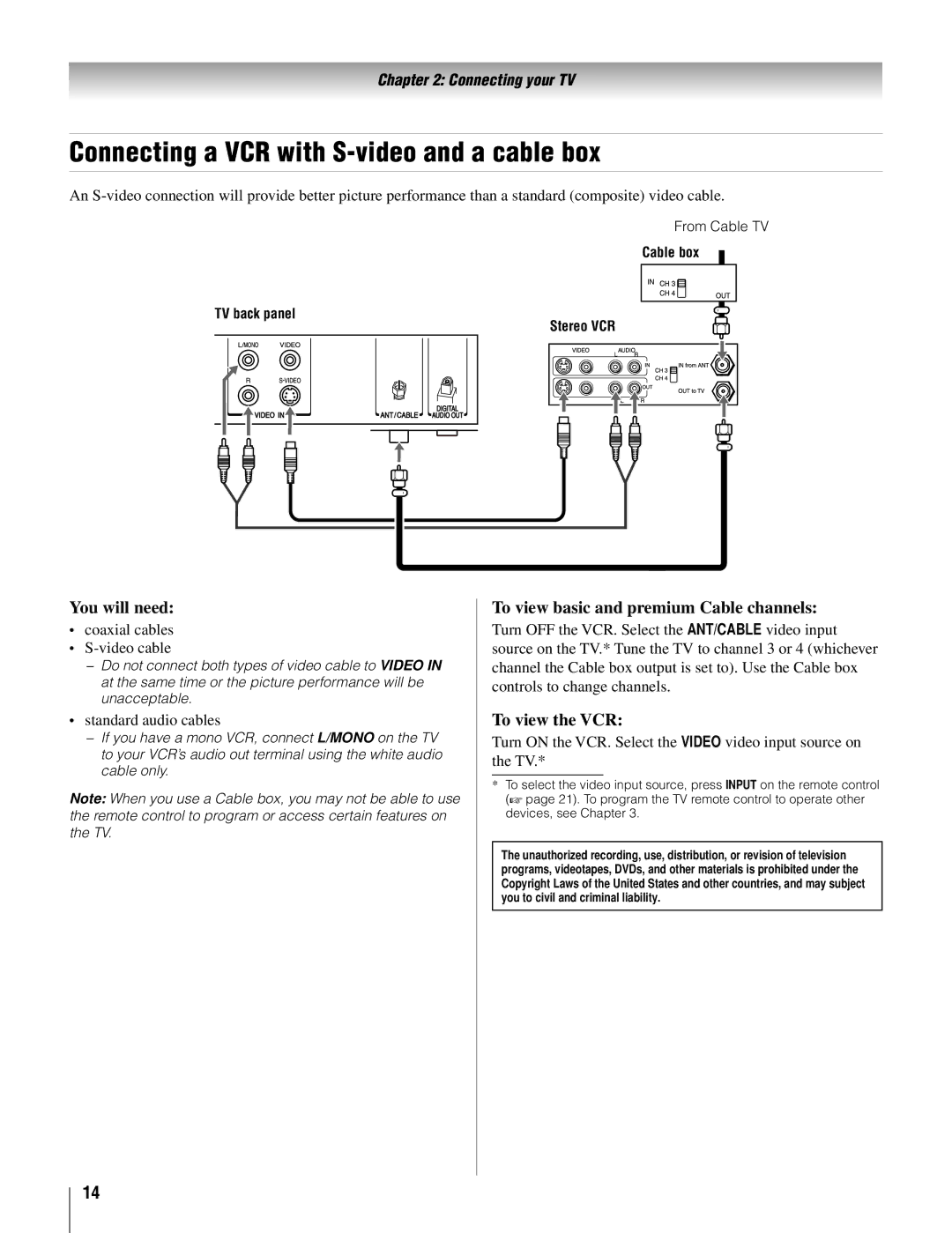 Toshiba 22AV500U owner manual Connecting a VCR with S-video and a cable box, To view basic and premium Cable channels 