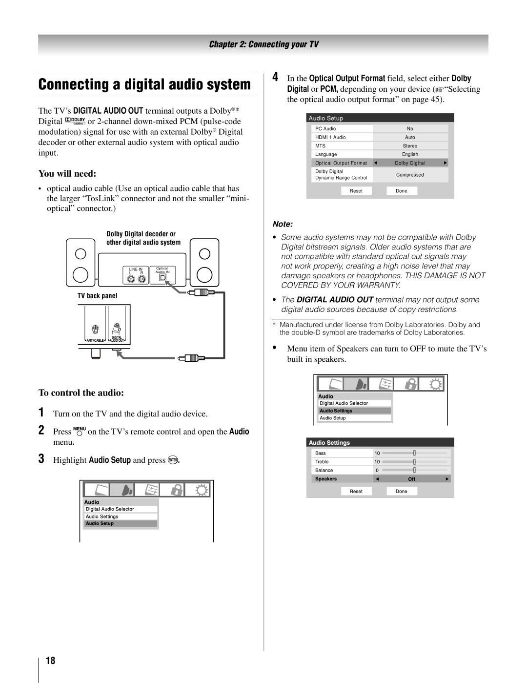 Toshiba 22AV500U owner manual To control the audio, Optical audio output format on 