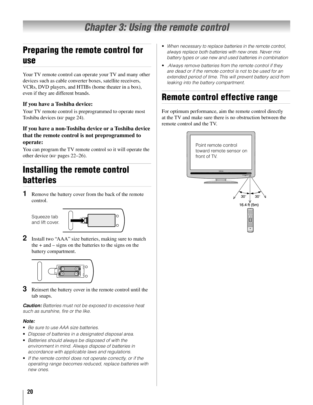 Toshiba 22AV500U Using the remote control, Preparing the remote control for use, Installing the remote control batteries 