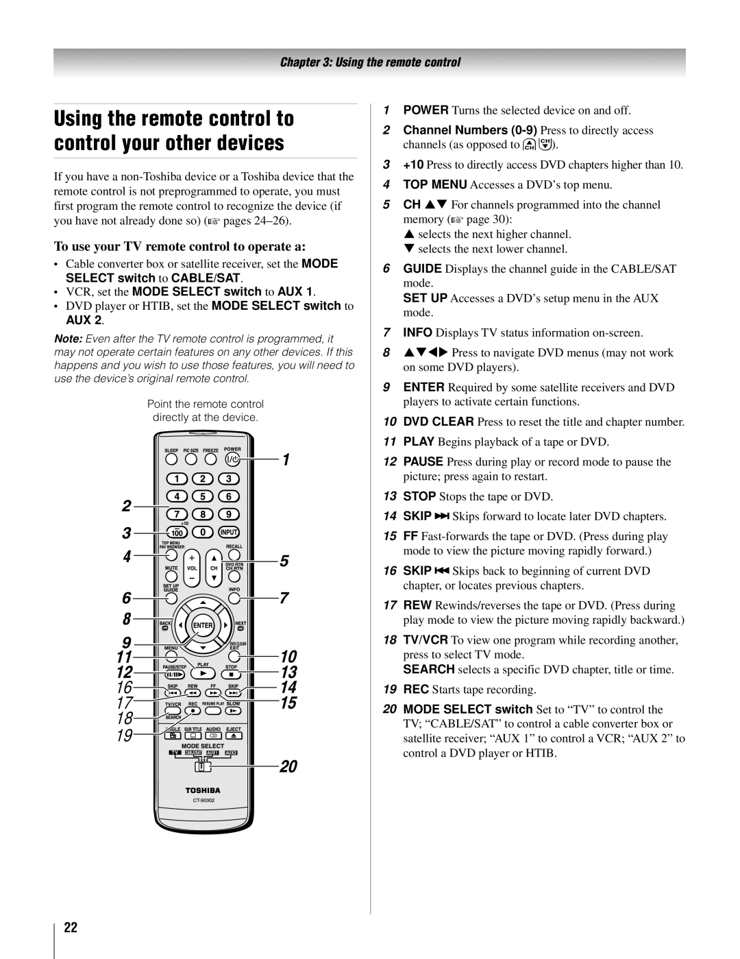 Toshiba 22AV500U owner manual To use your TV remote control to operate a, VCR, set the Mode Select switch to AUX, Aux 