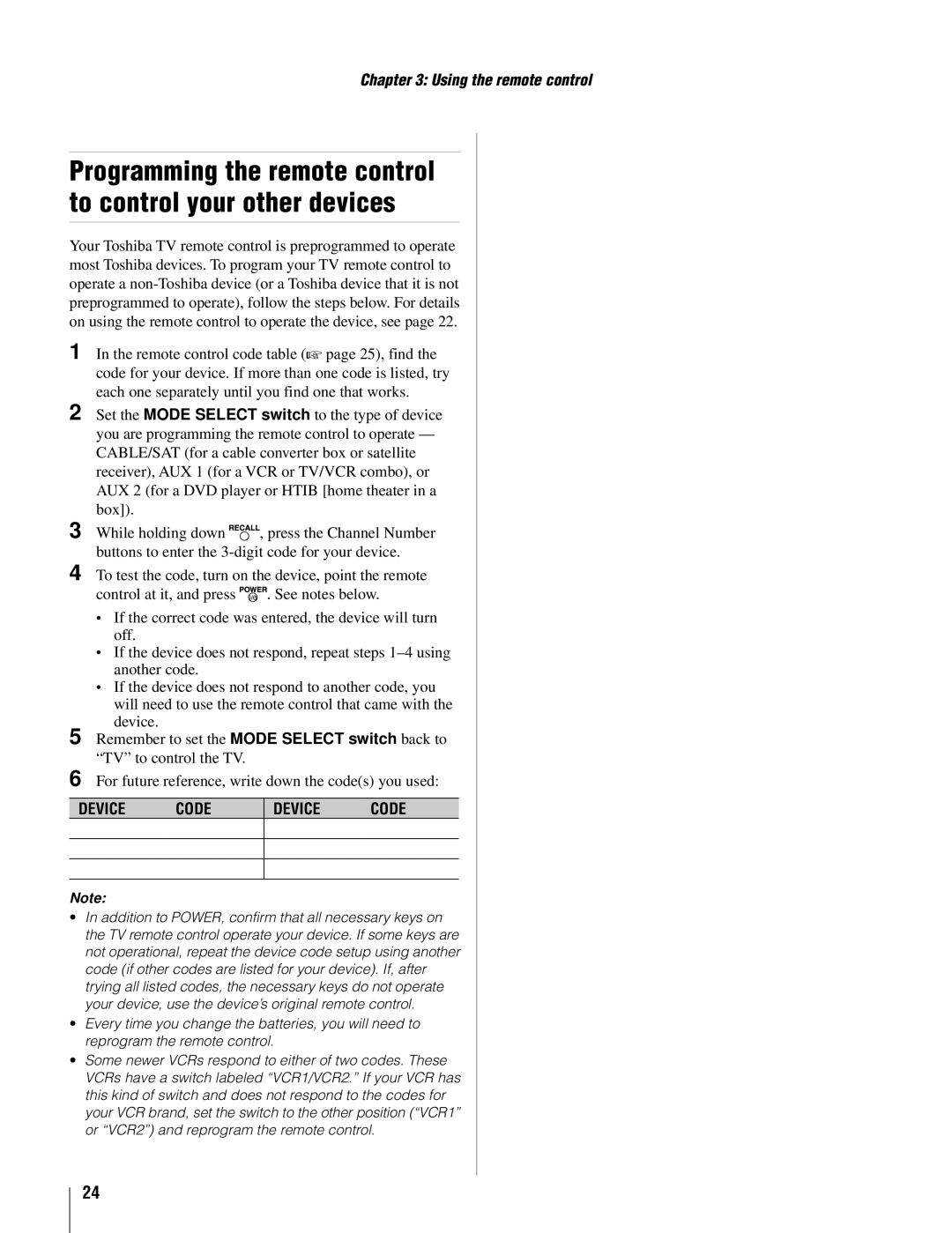 Toshiba 22AV500U owner manual Programming the remote control to control your other devices 