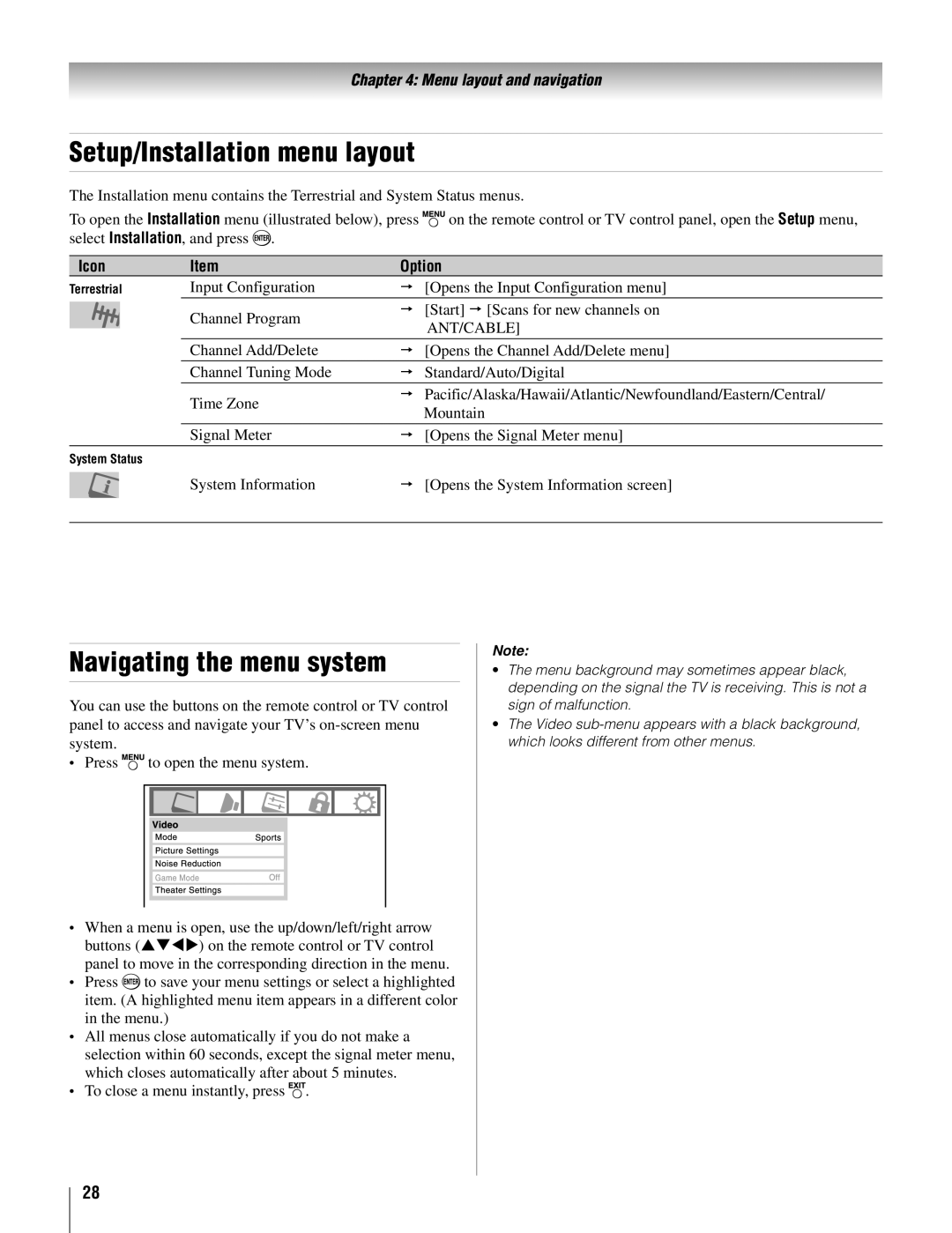 Toshiba 22AV500U owner manual Setup/Installation menu layout, Navigating the menu system 