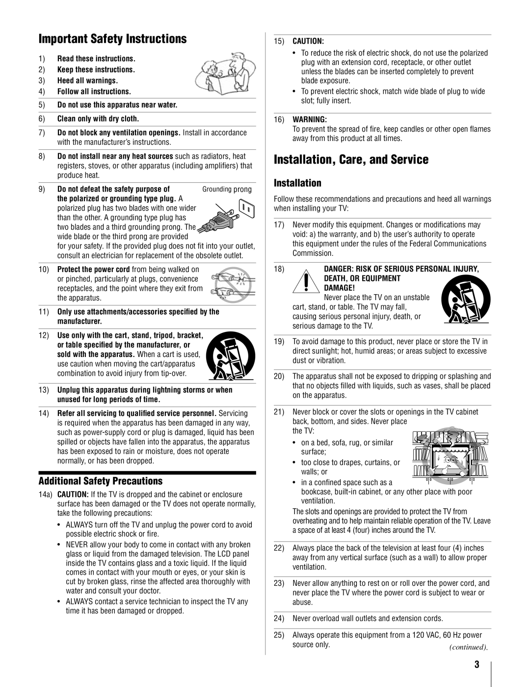 Toshiba 22AV500U owner manual Important Safety Instructions, Installation, Care, and Service, Additional Safety Precautions 