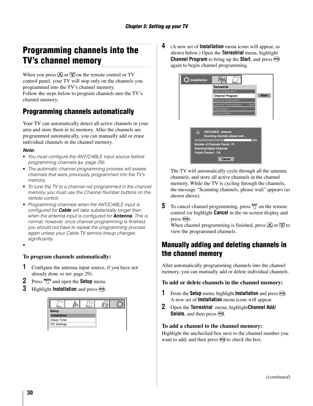 Toshiba 22AV500U Programming channels automatically, Manually adding and deleting channels in the channel memory 