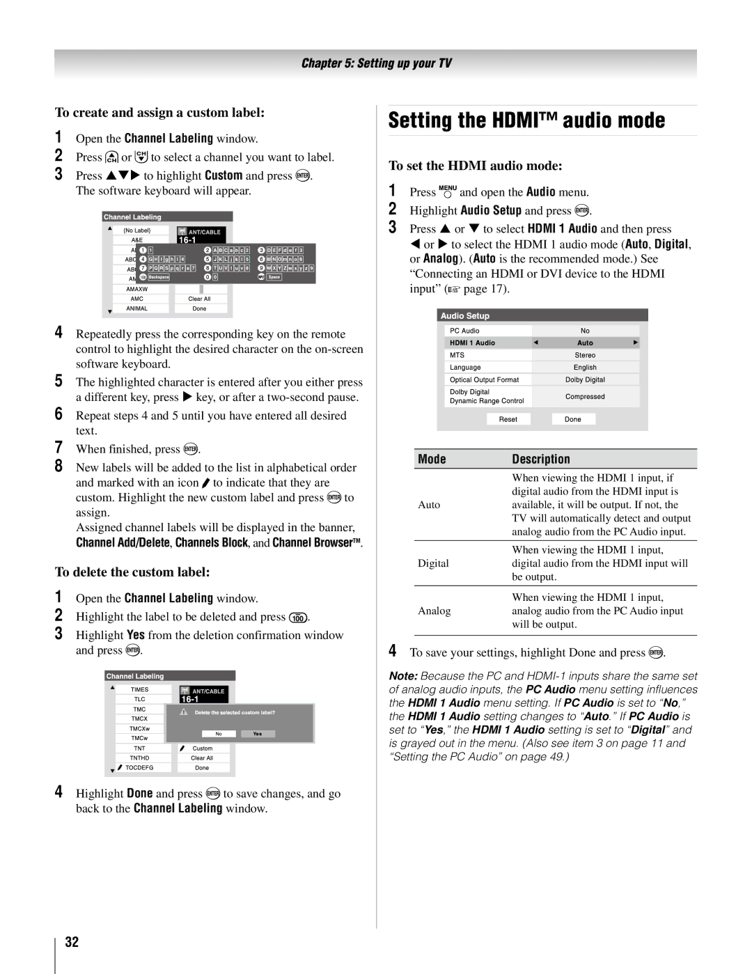 Toshiba 22AV500U owner manual Setting the Hdmi audio mode, To create and assign a custom label, To delete the custom label 