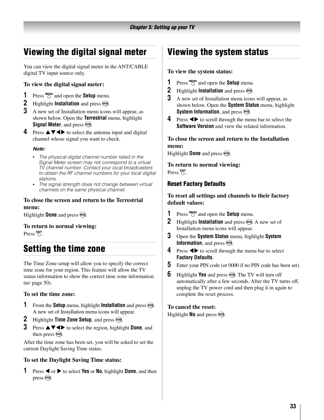 Toshiba 22AV500U owner manual Viewing the digital signal meter, Setting the time zone, Viewing the system status 