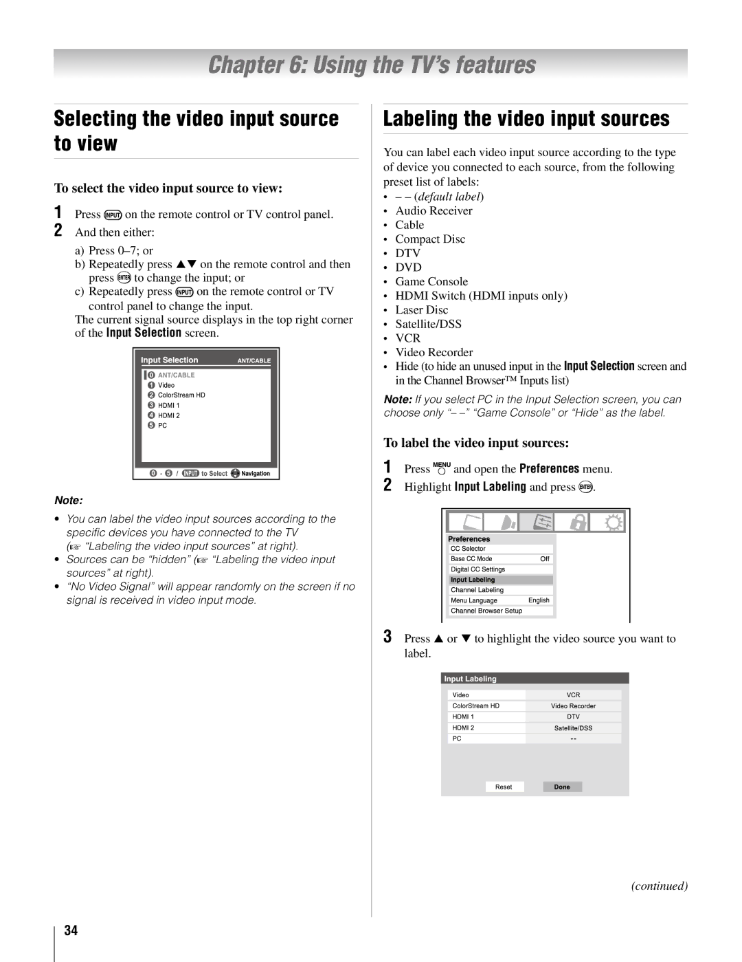 Toshiba 22AV500U owner manual Selecting the video input source to view, Labeling the video input sources 