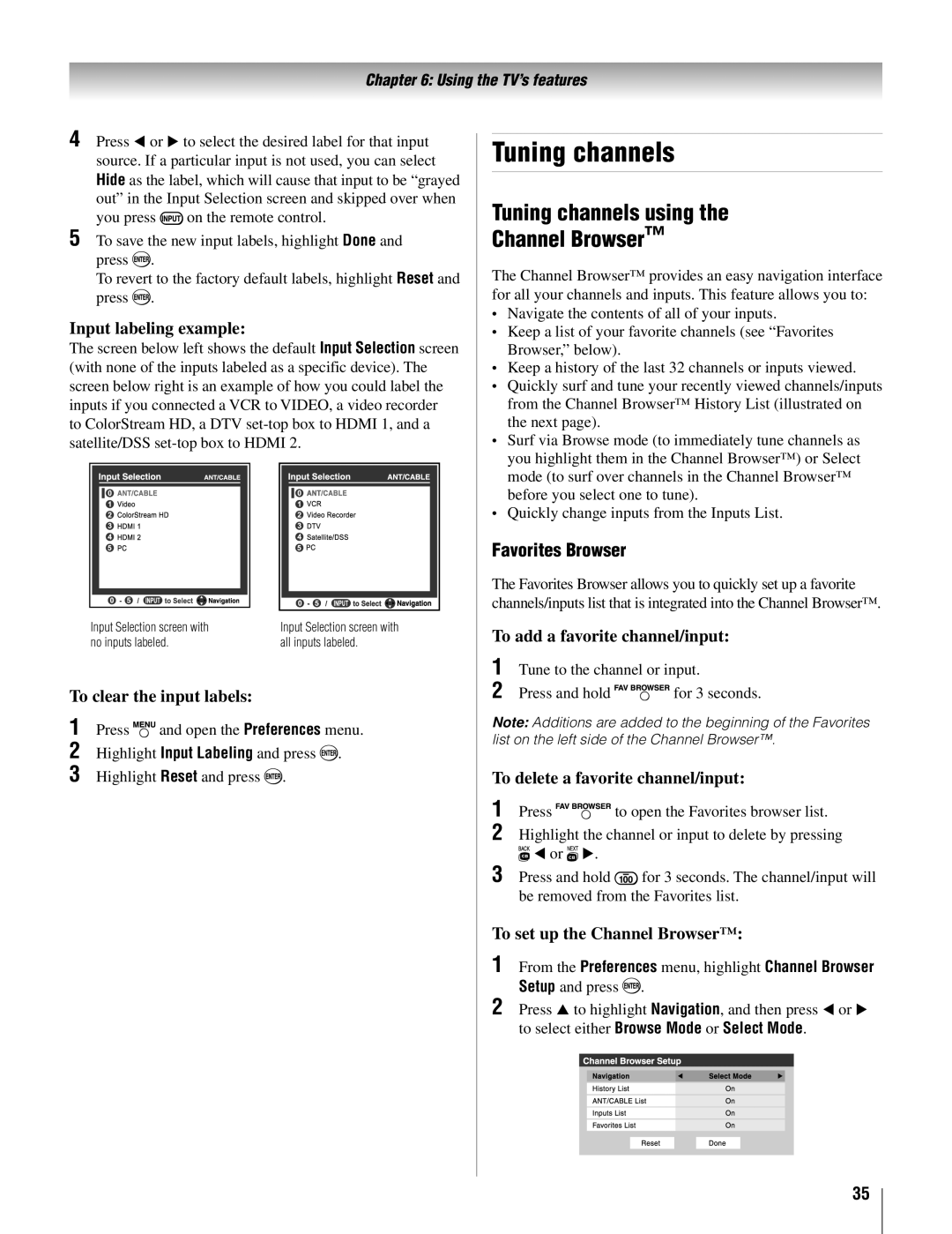 Toshiba 22AV500U owner manual Tuning channels using Channel Browser, Favorites Browser 