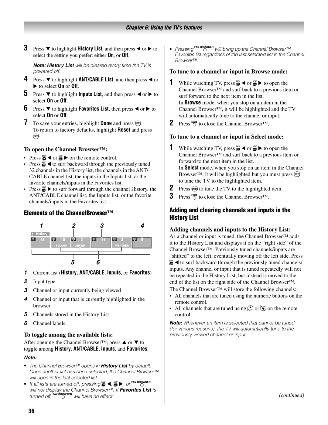 Toshiba 22AV500U owner manual Elements of the ChannelBrowser, Adding and clearing channels and inputs in the History List 