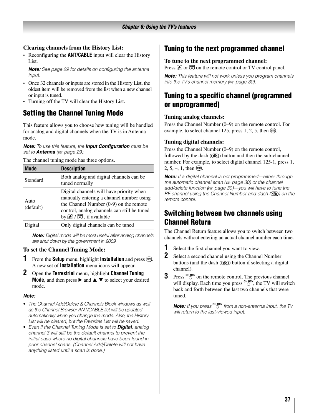 Toshiba 22AV500U owner manual Setting the Channel Tuning Mode, Tuning to the next programmed channel 