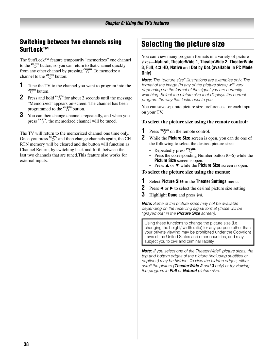 Toshiba 22AV500U owner manual Selecting the picture size, Switching between two channels using SurfLock 