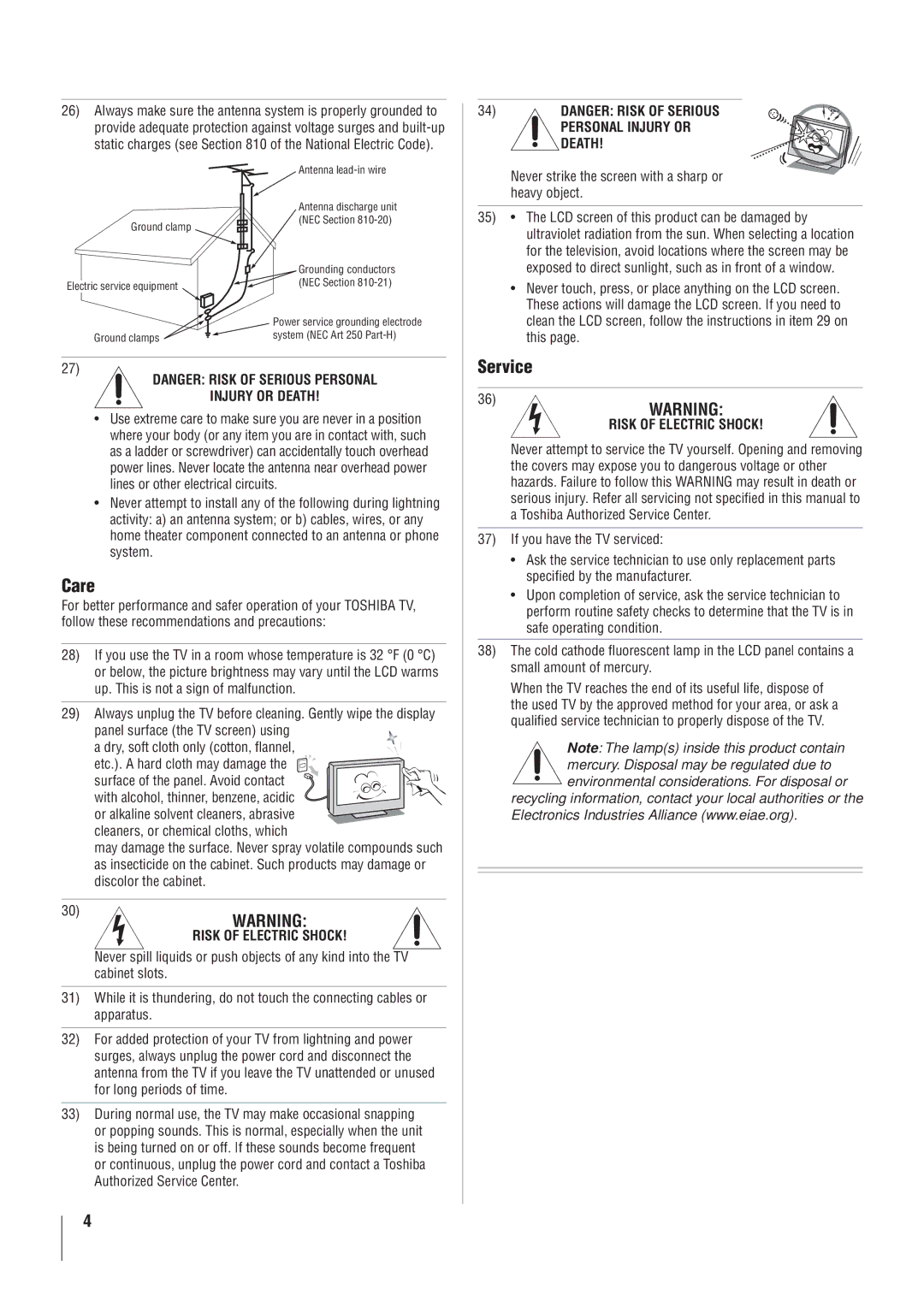 Toshiba 22AV500U owner manual Care 