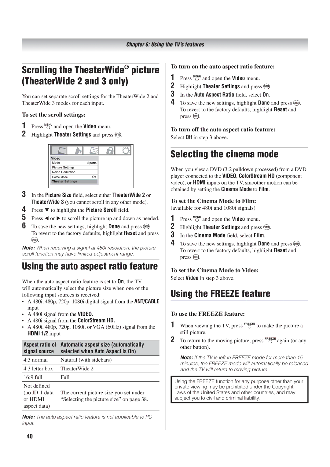 Toshiba 22AV500U owner manual Selecting the cinema mode 