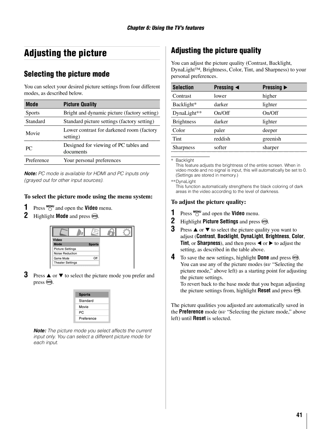 Toshiba 22AV500U owner manual Selecting the picture mode, Adjusting the picture quality, To adjust the picture quality 