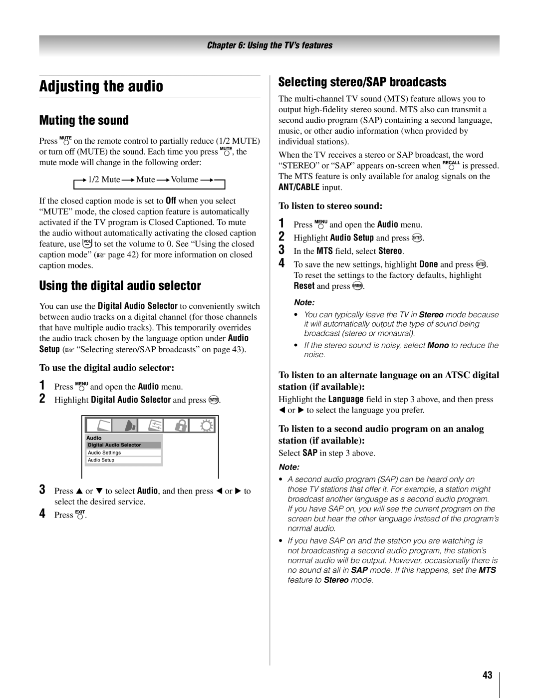 Toshiba 22AV500U Adjusting the audio, Muting the sound, Using the digital audio selector, Selecting stereo/SAP broadcasts 