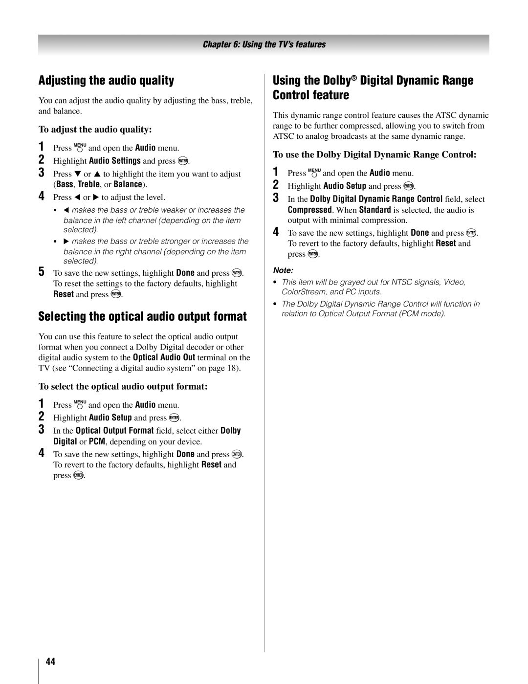 Toshiba 22AV500U owner manual Adjusting the audio quality, Using the Dolby Digital Dynamic Range Control feature 