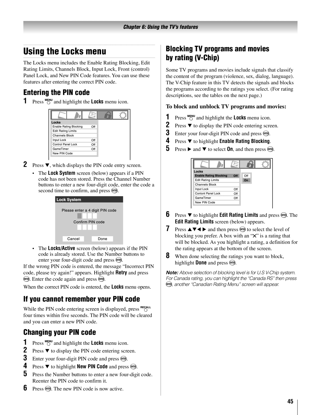 Toshiba 22AV500U Using the Locks menu, Entering the PIN code, If you cannot remember your PIN code, Changing your PIN code 