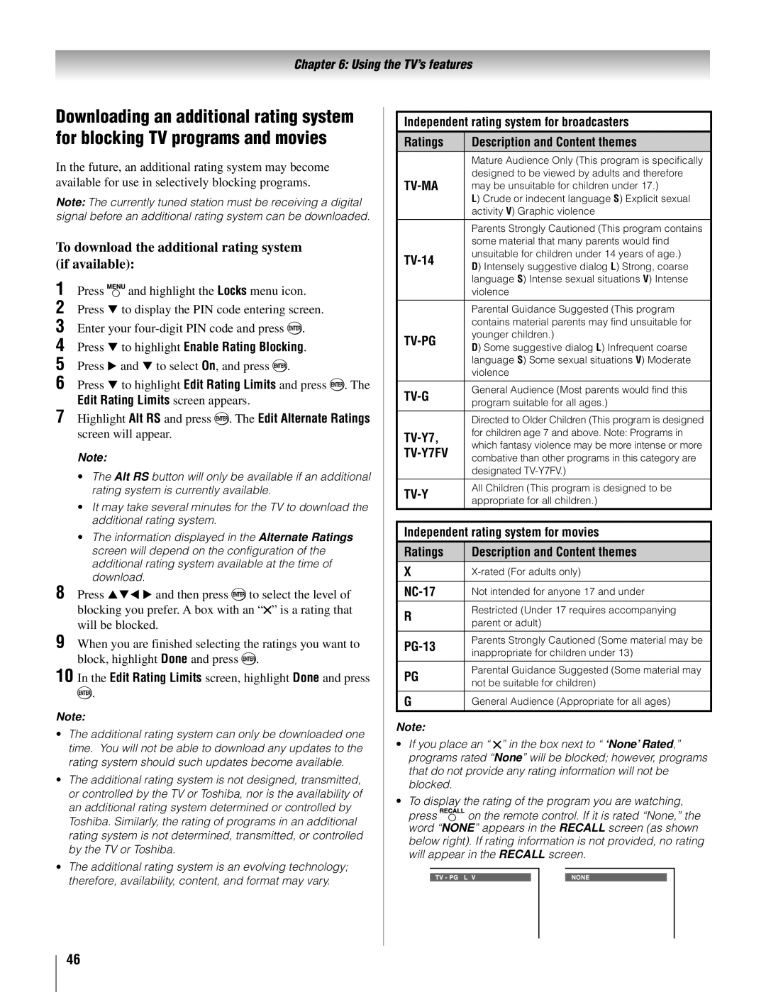 Toshiba 22AV500U owner manual To download the additional rating system if available 