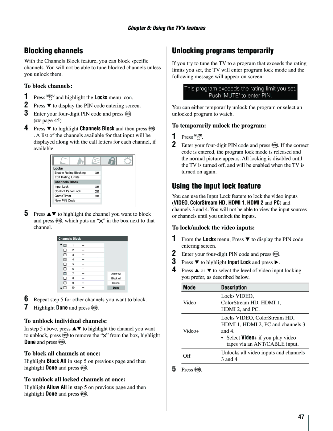 Toshiba 22AV500U owner manual Blocking channels, Unlocking programs temporarily, Using the input lock feature 