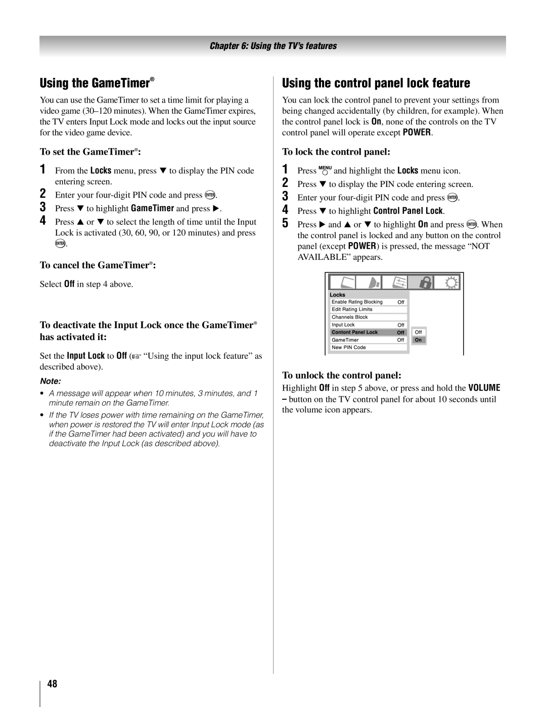 Toshiba 22AV500U owner manual Using the GameTimer, Using the control panel lock feature 