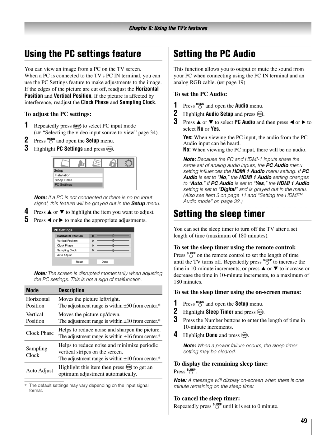 Toshiba 22AV500U owner manual Using the PC settings feature, Setting the PC Audio, Setting the sleep timer 