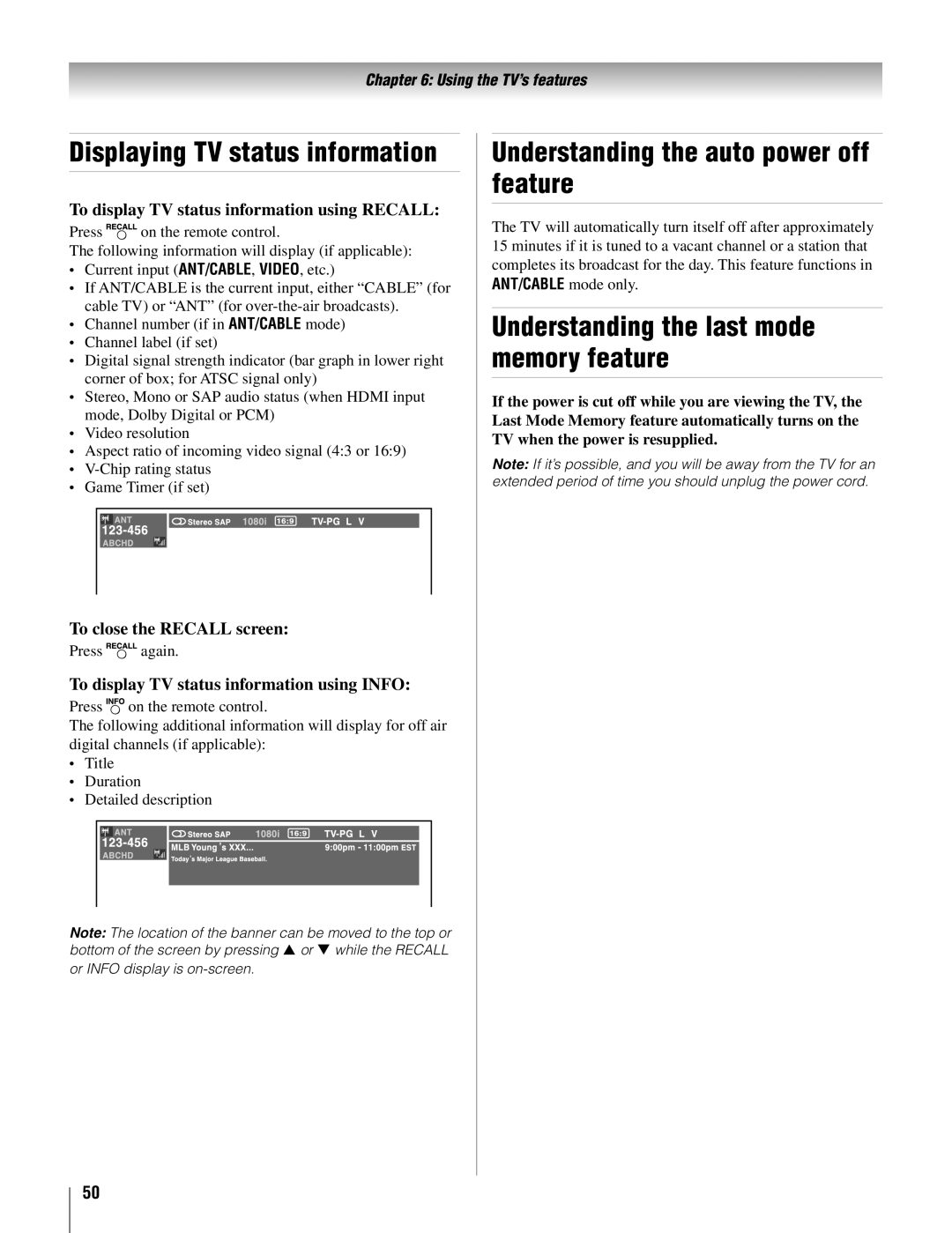 Toshiba 22AV500U owner manual Understanding the auto power off feature, Understanding the last mode memory feature 