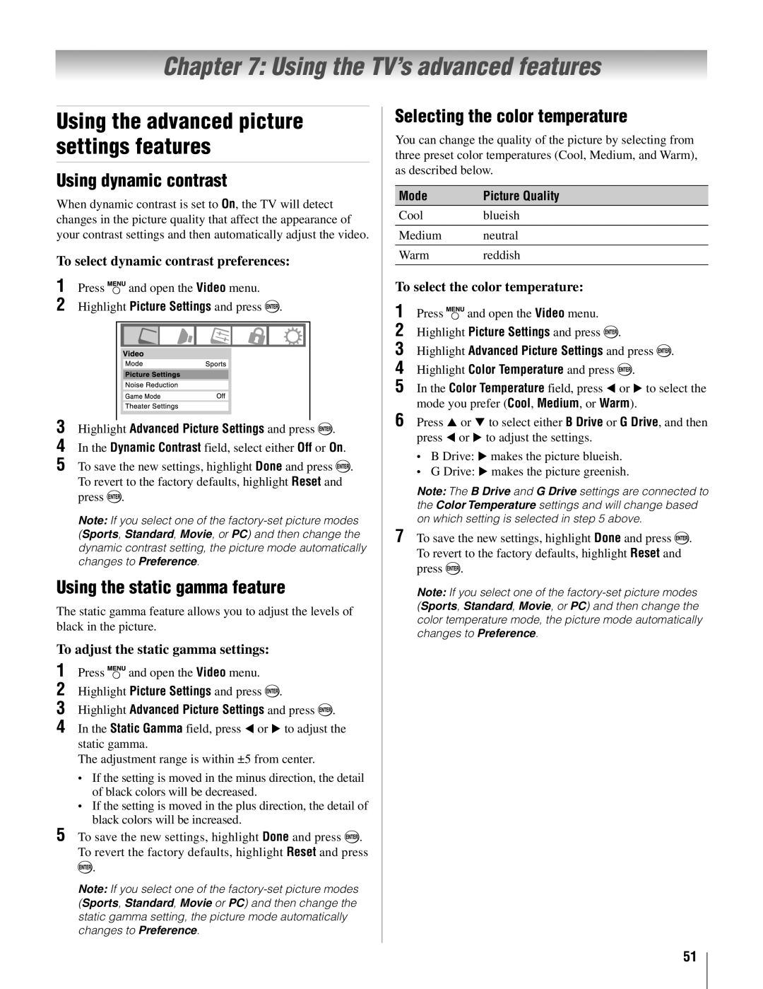 Toshiba 22AV500U owner manual Using the TV’s advanced features, Using dynamic contrast, Using the static gamma feature 