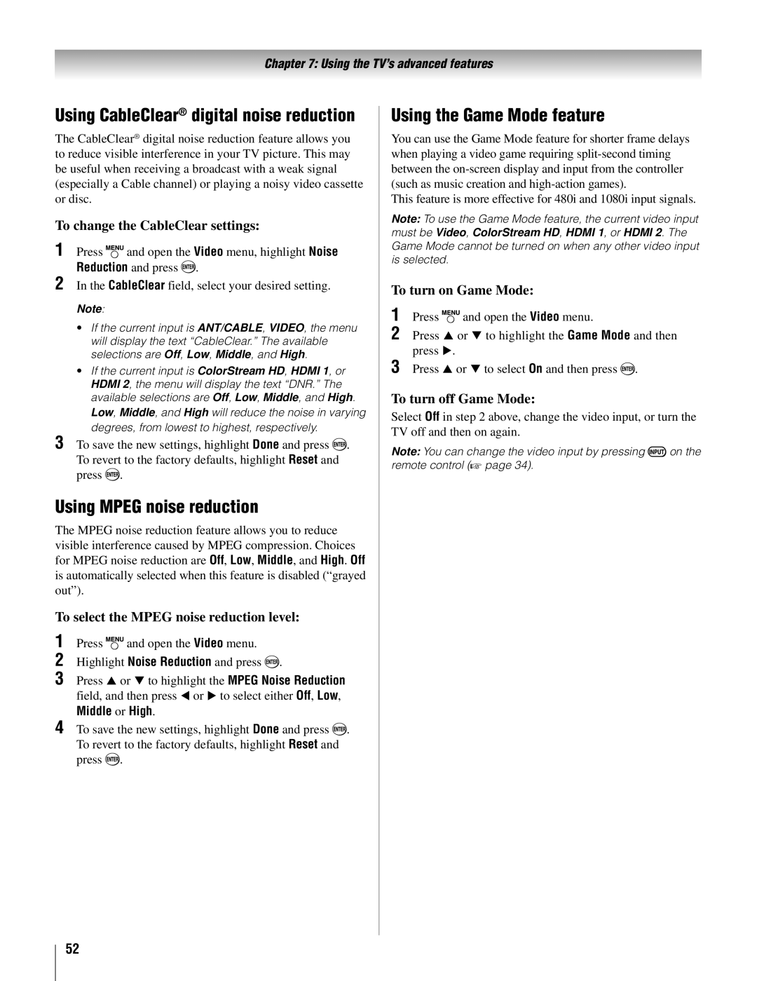 Toshiba 22AV500U owner manual Using Mpeg noise reduction, Using the Game Mode feature 