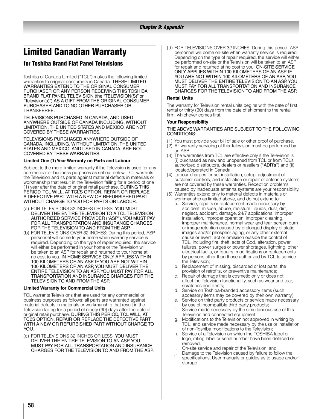 Toshiba 22AV500U owner manual Limited Canadian Warranty, For Toshiba Brand Flat Panel Televisions 