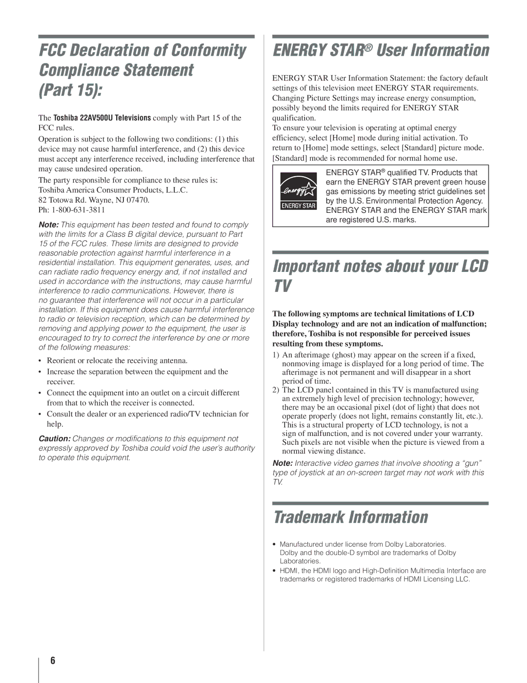 Toshiba 22AV500U owner manual Part, Important notes about your LCD TV, Trademark Information 