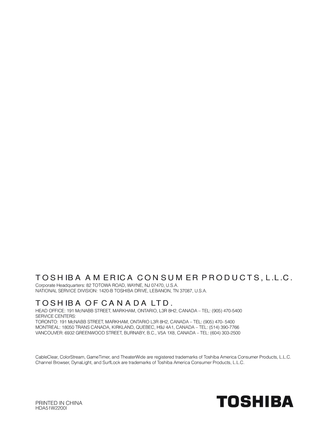 Toshiba 22AV500U owner manual Toshiba America Consumer PRODUCTS, L.L.C 