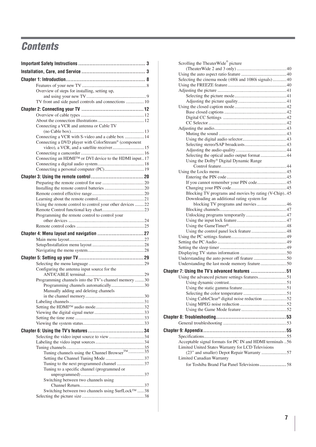 Toshiba 22AV500U owner manual Contents 