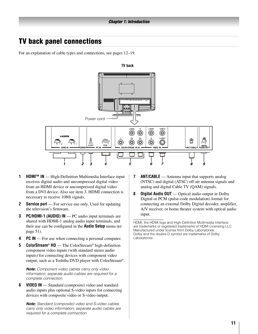 Toshiba 22AV500U owner manual TV back panel connections, For an explanation of cable types and connections, see pages 