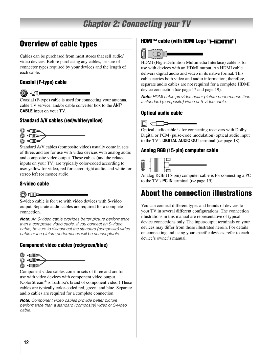 Toshiba 22AV500U owner manual Connecting your TV, Overview of cable types, About the connection illustrations 