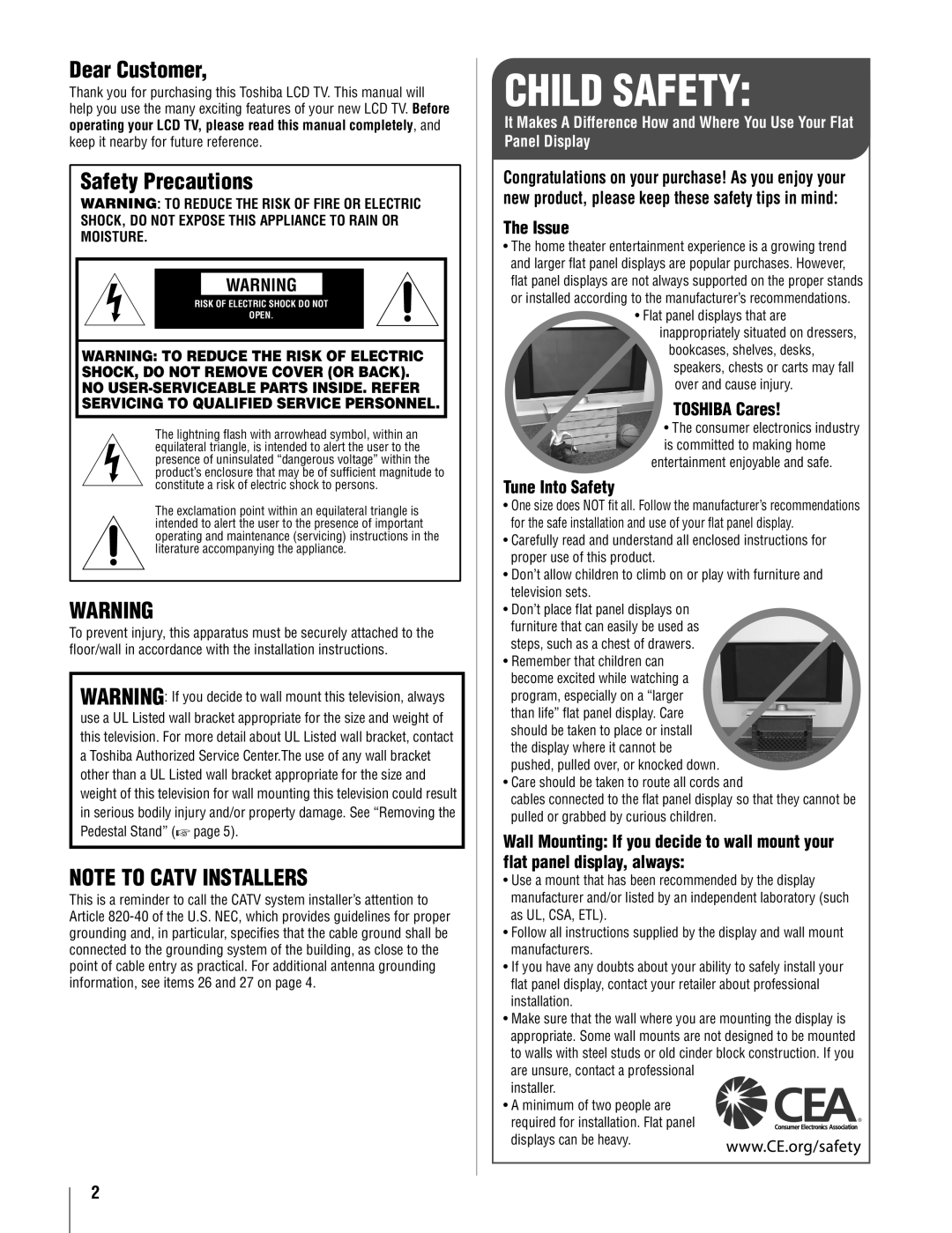 Toshiba 22AV500U owner manual Dear Customer, Safety Precautions, Issue, Toshiba Cares, Tune Into Safety 