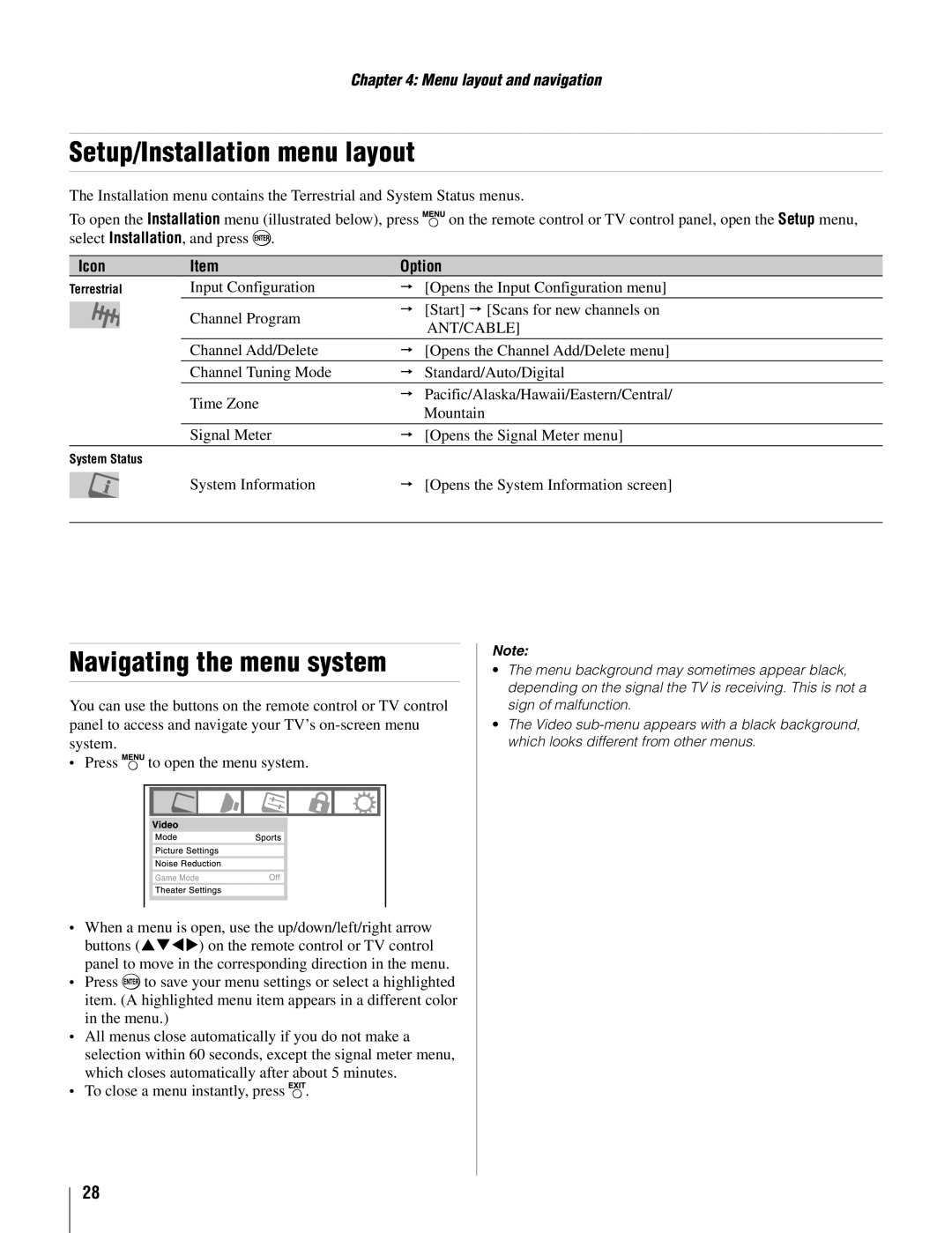 Toshiba 22AV500U owner manual Setup/Installation menu layout, Navigating the menu system 