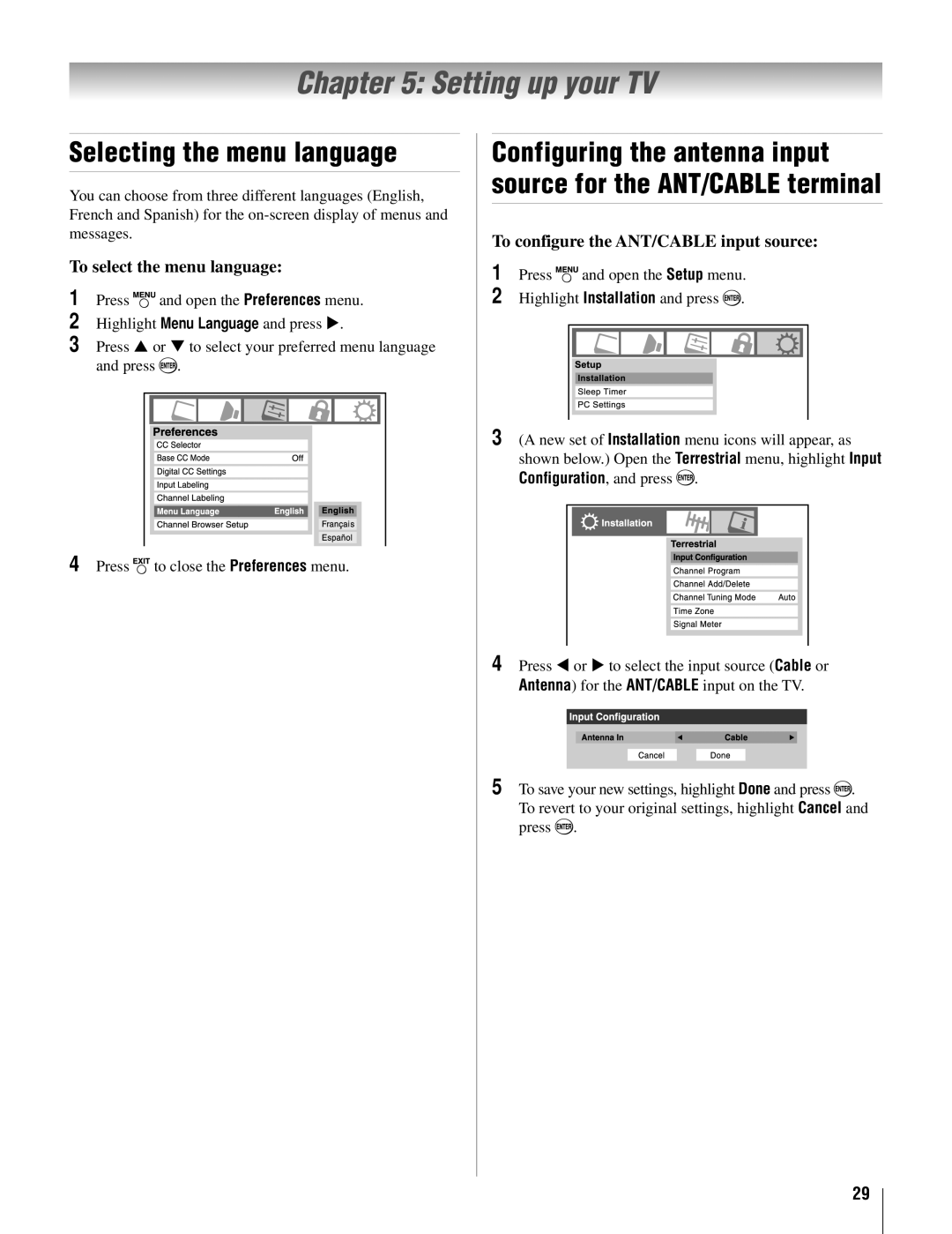 Toshiba 22AV500U owner manual Setting up your TV, Selecting the menu language, To select the menu language 