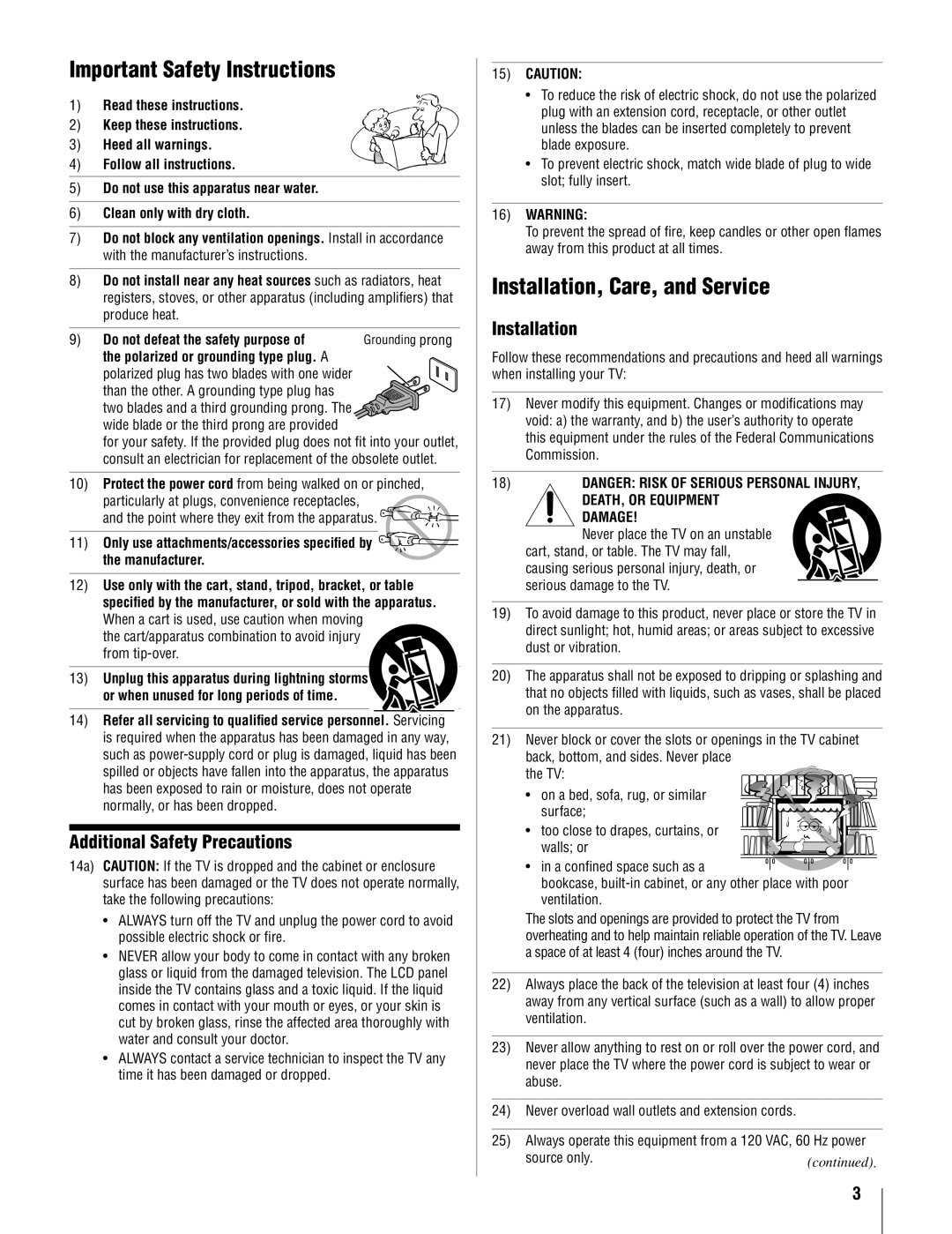 Toshiba 22AV500U owner manual Important Safety Instructions, Installation, Care, and Service, Additional Safety Precautions 