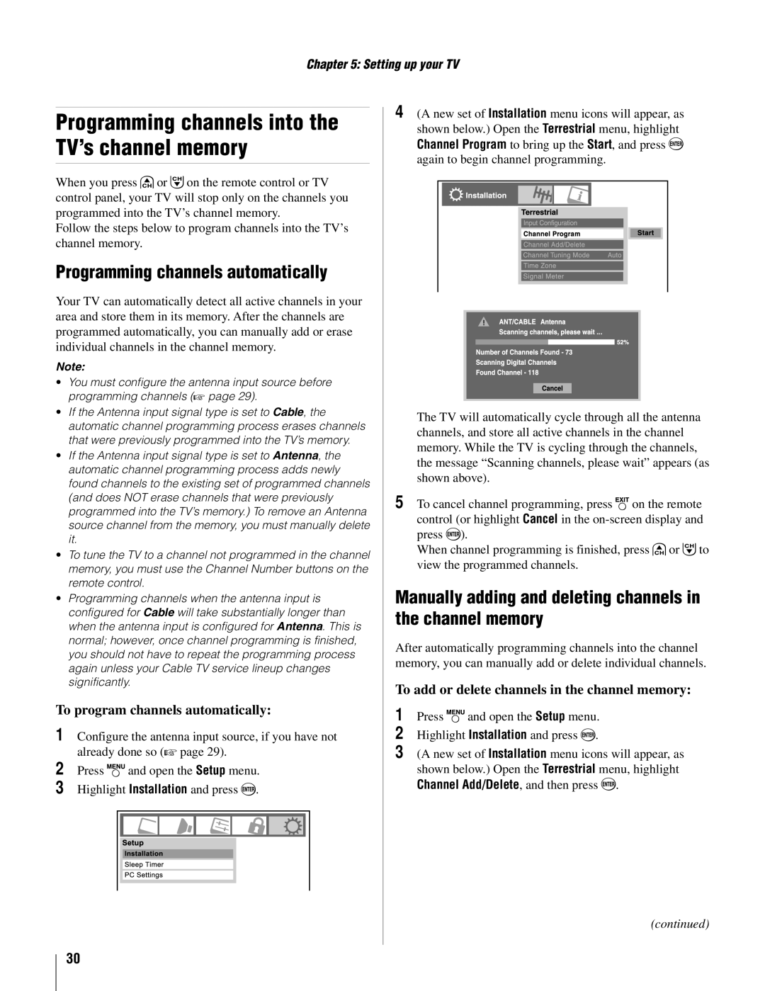 Toshiba 22AV500U owner manual Programming channels into the TV’s channel memory, Programming channels automatically 