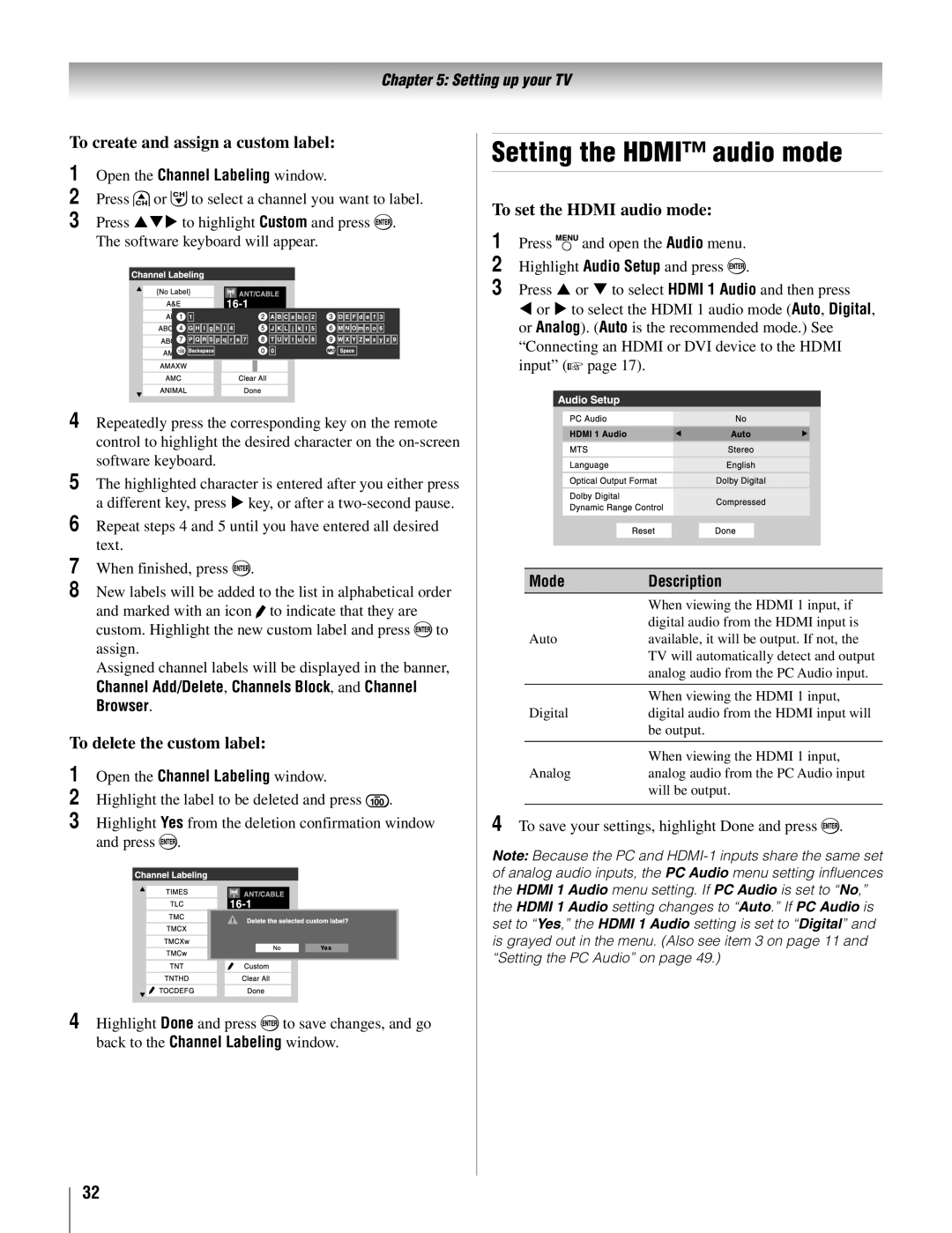 Toshiba 22AV500U owner manual Setting the Hdmi audio mode, To create and assign a custom label, To delete the custom label 