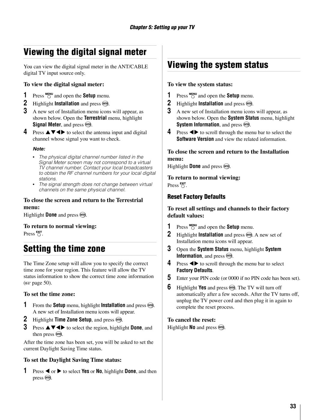 Toshiba 22AV500U owner manual Viewing the digital signal meter, Setting the time zone, Viewing the system status 