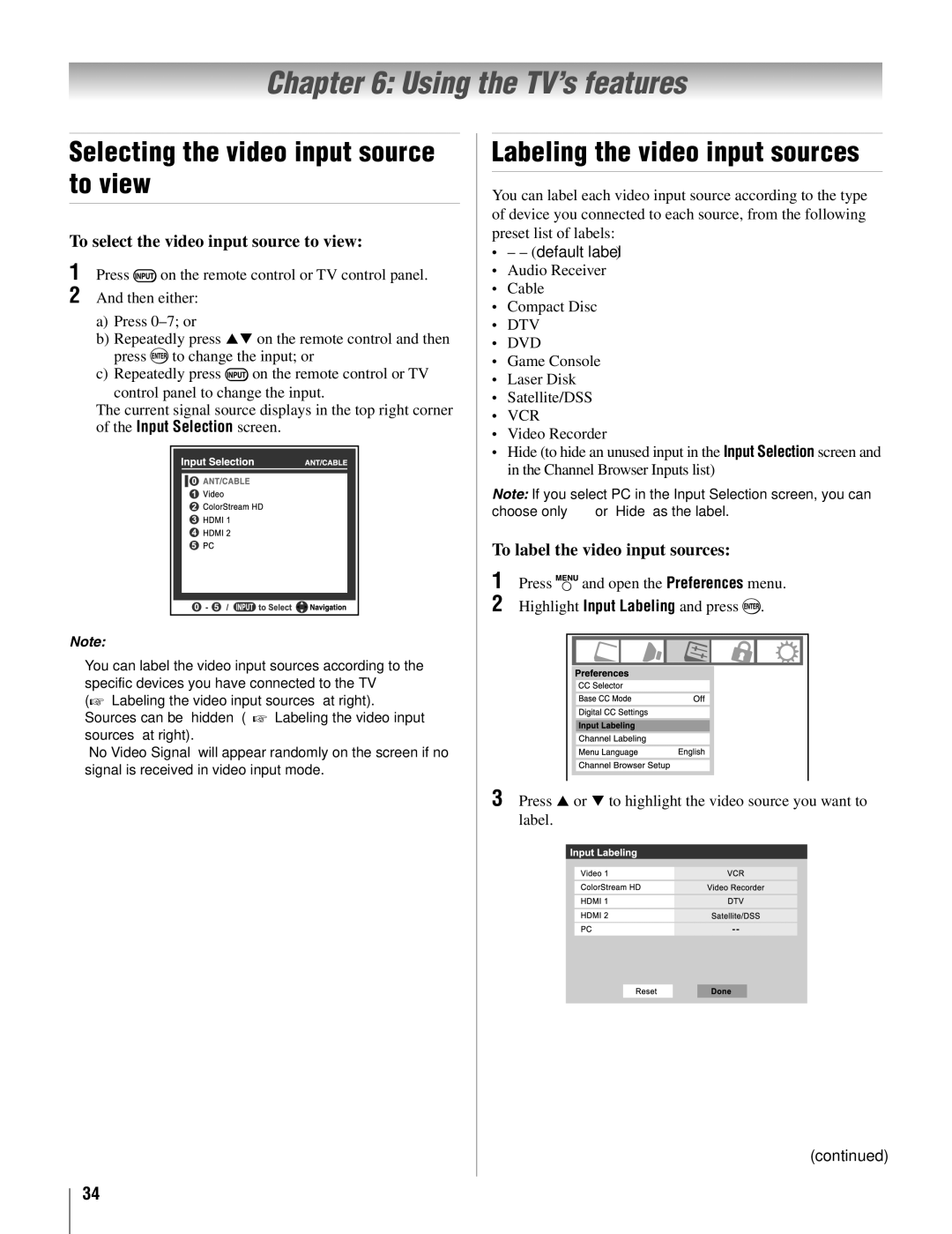 Toshiba 22AV500U Using the TV’s features, Selecting the video input source to view, Labeling the video input sources 