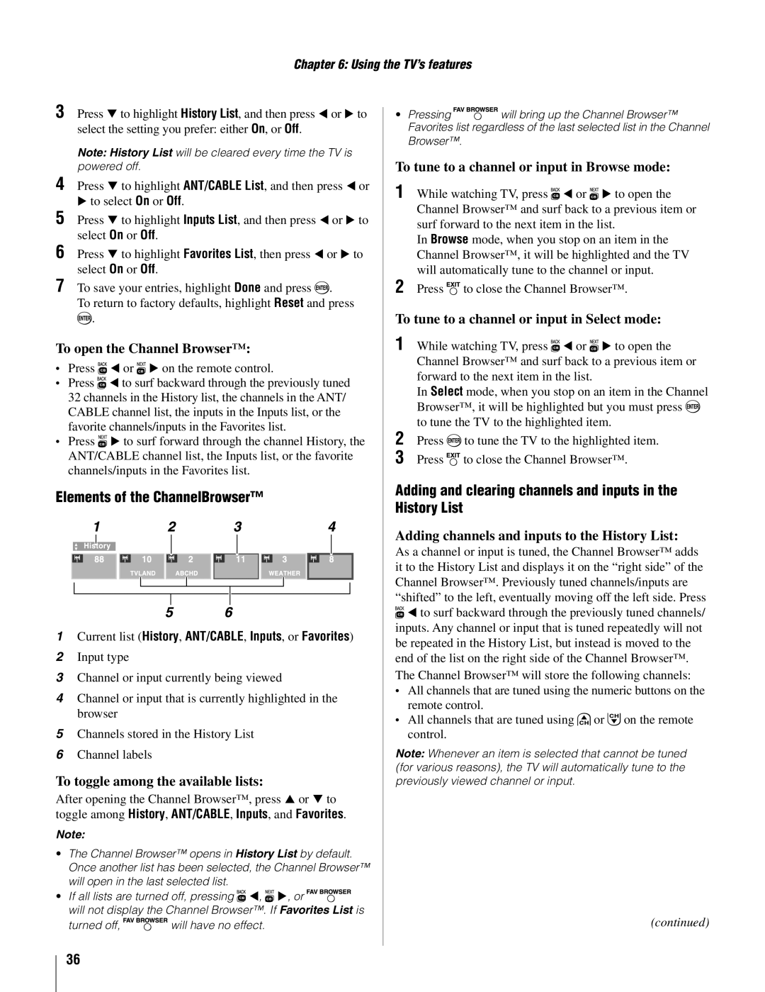 Toshiba 22AV500U owner manual Elements of the ChannelBrowser, Adding and clearing channels and inputs in the History List 